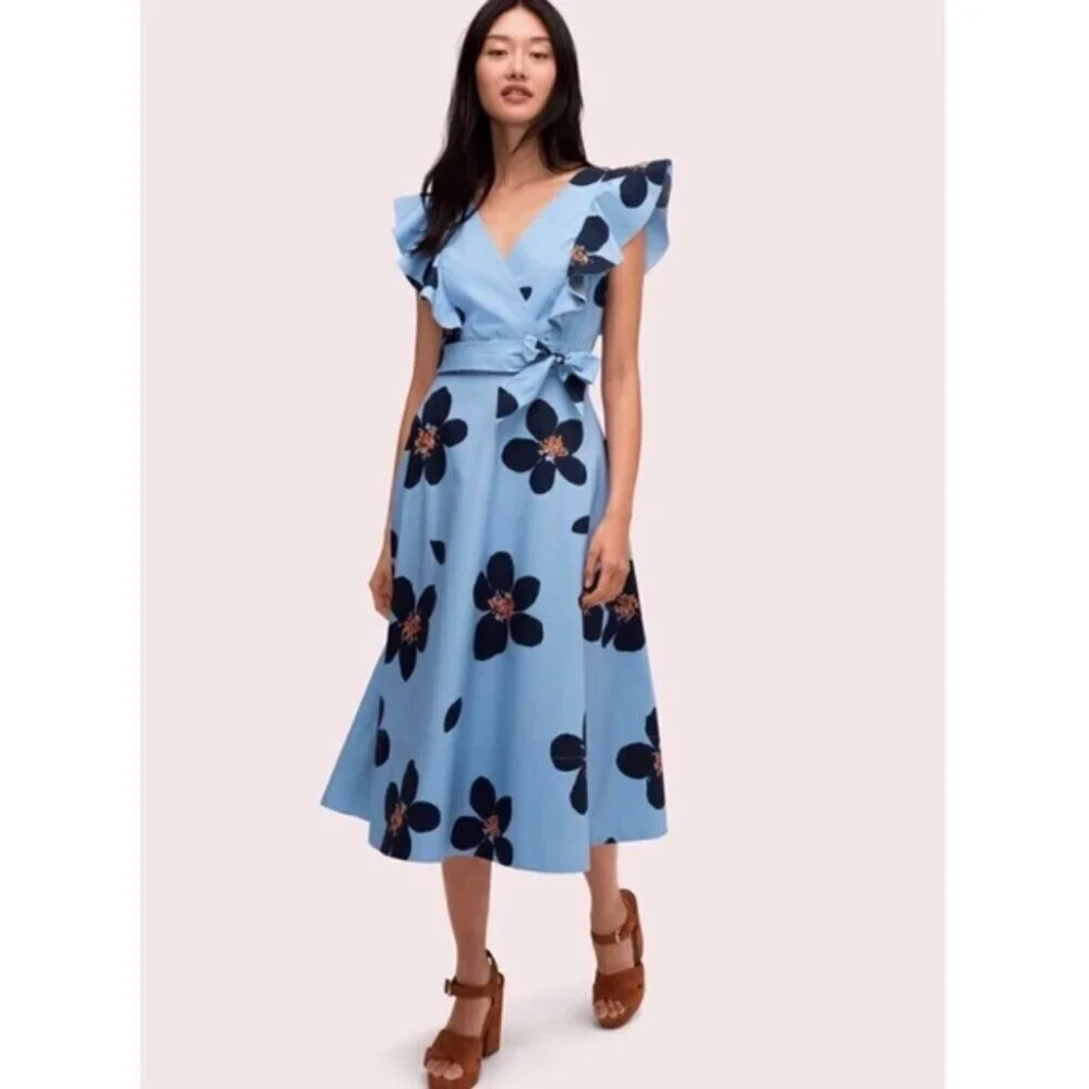 Kate Spade Grand Flora Poplin Midi Dress NWT Blue Heron Size 0